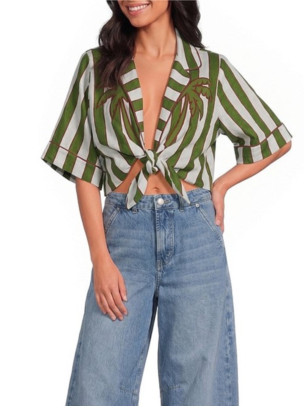 FARM Rio Green Palm Embroidered Linen Stripes Self-Tie Cropped Top Size XL NWT - Picture 2 of 16